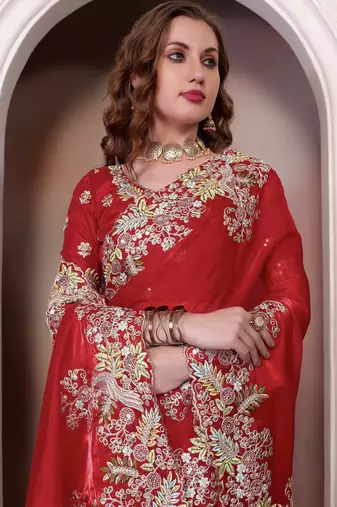 Red sequin embroidered, cut work jimmy choo bollywood saree with blouse