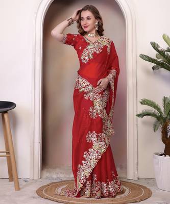 Red sequin embroidered, cut work jimmy choo bollywood saree with blouse 3