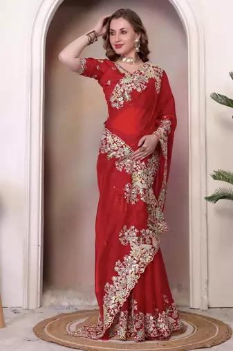 Red sequin embroidered, cut work jimmy choo bollywood saree with blouse