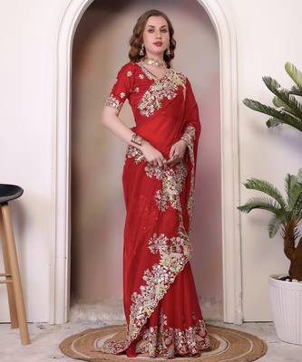 Red sequin embroidered, cut work jimmy choo bollywood saree with blouse 4