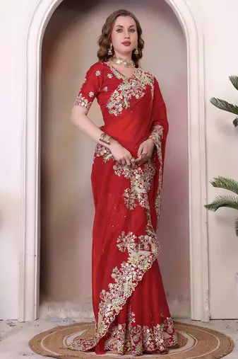 Red sequin embroidered, cut work jimmy choo bollywood saree with blouse