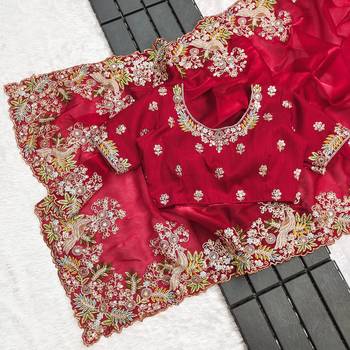 Red sequin embroidered, cut work jimmy choo bollywood saree with blouse 5