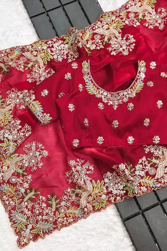 Red sequin embroidered, cut work jimmy choo bollywood saree with blouse