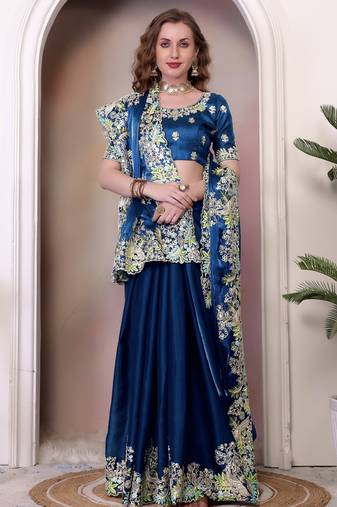 Teal blue sequin embroidered, cut work jimmy choo bollywood saree with blouse