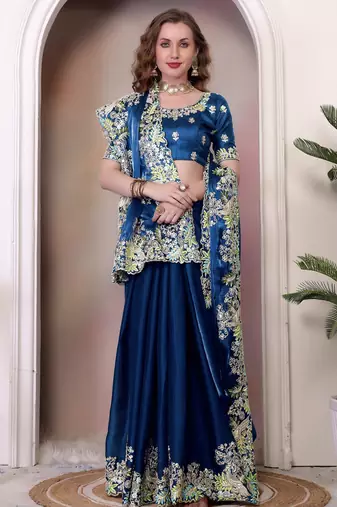 Teal blue sequin embroidered, cut work jimmy choo bollywood saree with blouse