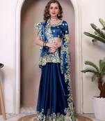 Teal blue sequin embroidered, cut work jimmy choo bollywood saree with blouse