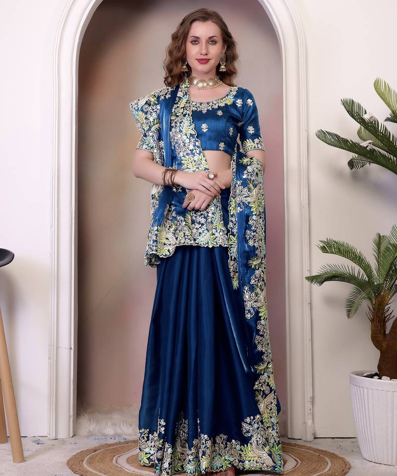 Teal blue sequin embroidered, cut work jimmy choo bollywood saree with blouse