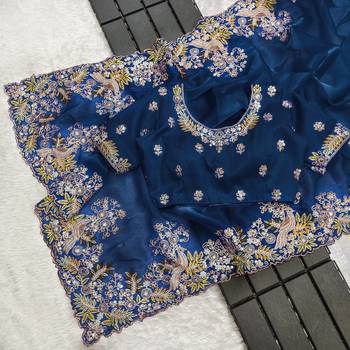 Teal blue sequin embroidered, cut work jimmy choo bollywood saree with blouse 3