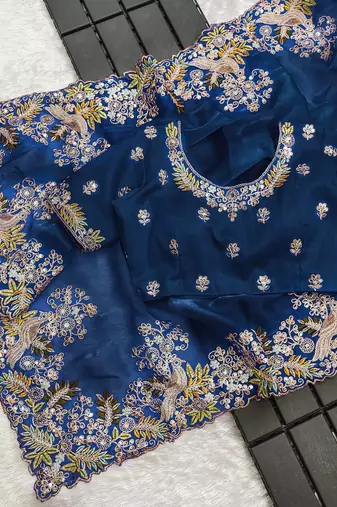 Teal blue sequin embroidered, cut work jimmy choo bollywood saree with blouse