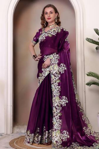 Wine sequin embroidered, cut work jimmy choo bollywood saree with blouse