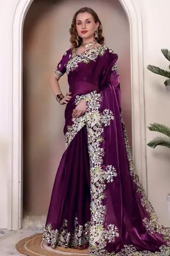 Wine sequin embroidered, cut work jimmy choo bollywood saree with blouse