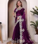 Wine sequin embroidered, cut work jimmy choo bollywood saree with blouse