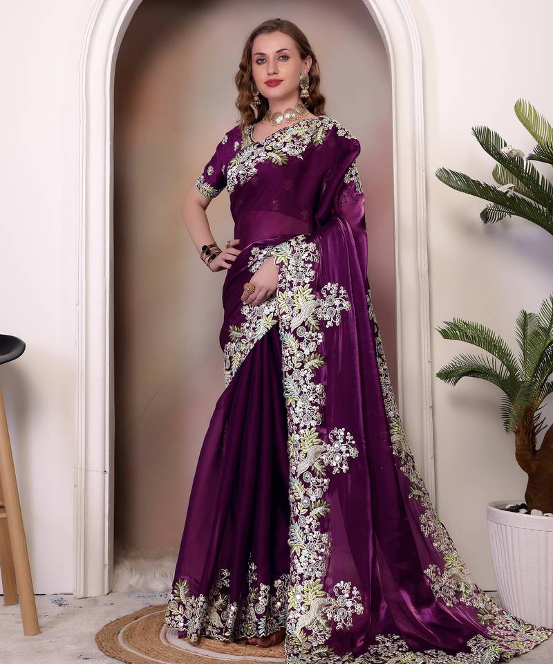 Wine sequin embroidered, cut work jimmy choo bollywood saree with blouse