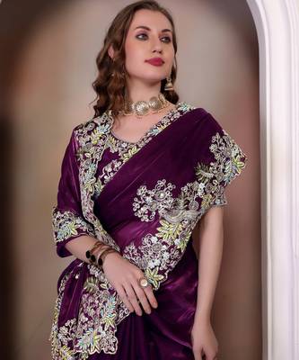 Wine sequin embroidered, cut work jimmy choo bollywood saree with blouse 2