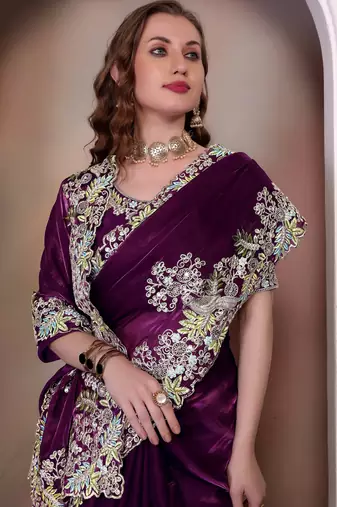 Wine sequin embroidered, cut work jimmy choo bollywood saree with blouse