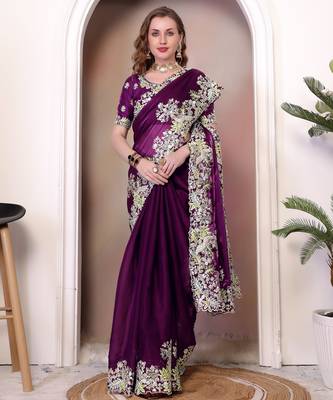 Wine sequin embroidered, cut work jimmy choo bollywood saree with blouse 3