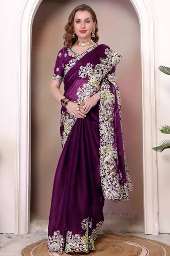 Wine sequin embroidered, cut work jimmy choo bollywood saree with blouse
