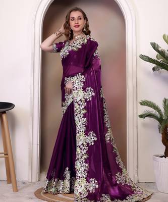 Wine sequin embroidered, cut work jimmy choo bollywood saree with blouse 4