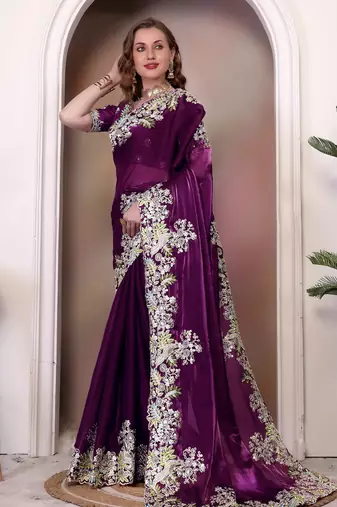 Wine sequin embroidered, cut work jimmy choo bollywood saree with blouse