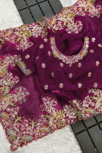 Wine sequin embroidered, cut work jimmy choo bollywood saree with blouse