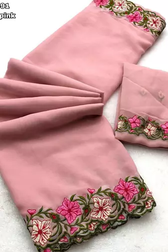 baby pink thread work georgette saree with blouse