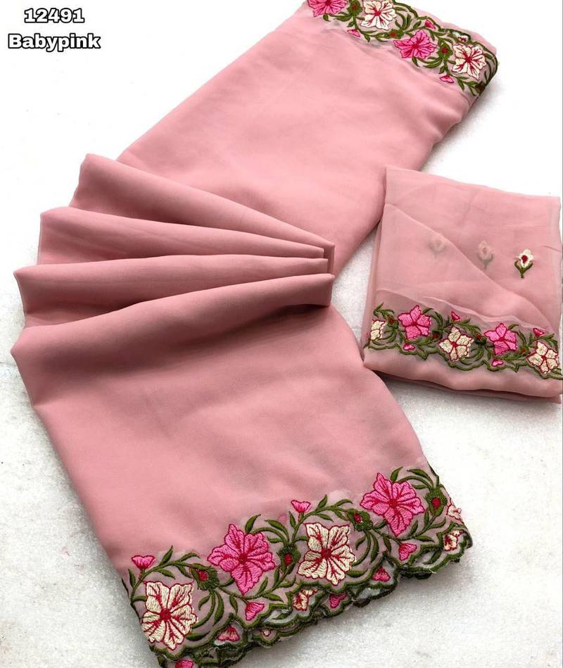 baby pink thread work georgette saree with blouse