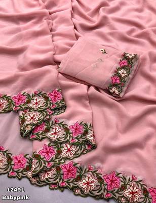 baby pink thread work georgette saree with blouse 2