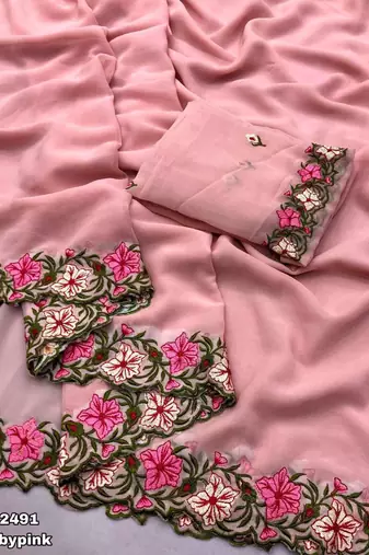 baby pink thread work georgette saree with blouse