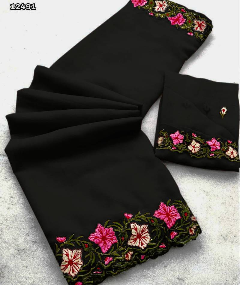 black thread work georgette saree with blouse