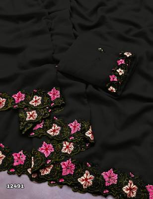 black thread work georgette saree with blouse 2