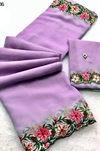 lavender thread work georgette saree with blouse