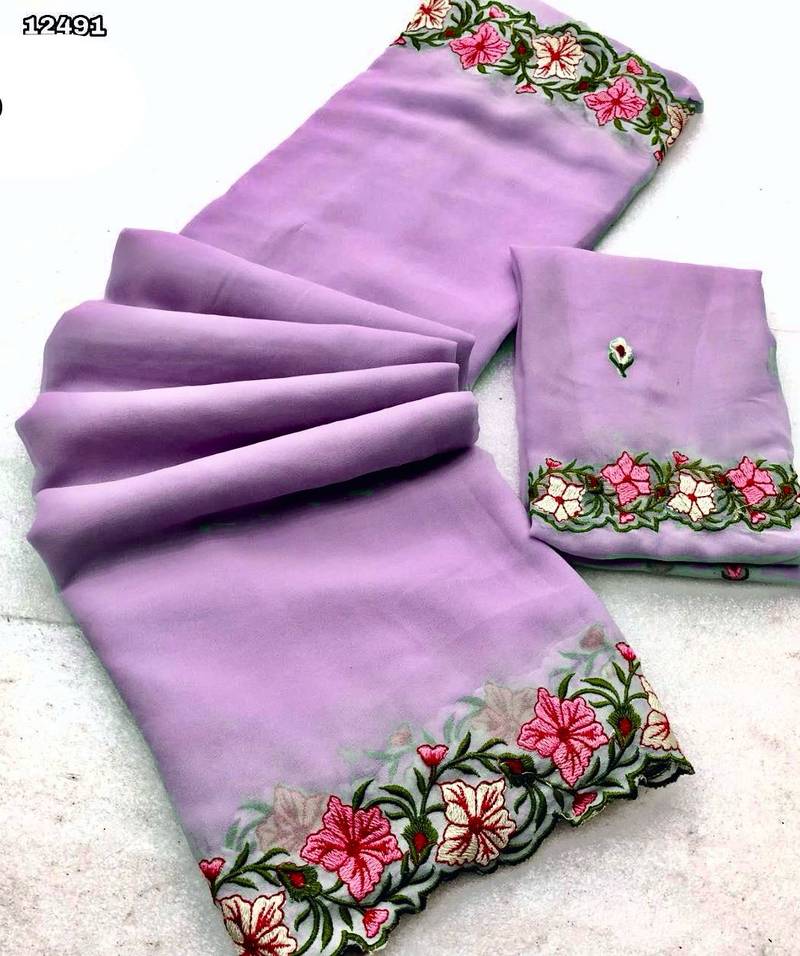 lavender thread work georgette saree with blouse
