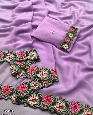 lavender thread work georgette saree with blouse 2