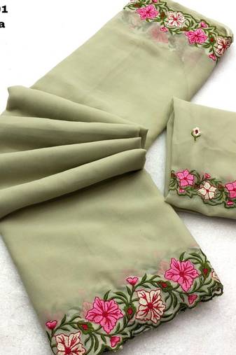 pista green thread work georgette saree with blouse