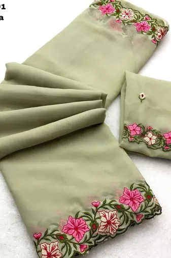pista green thread work georgette saree with blouse