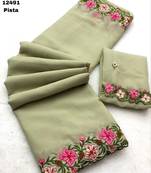 pista green thread work georgette saree with blouse