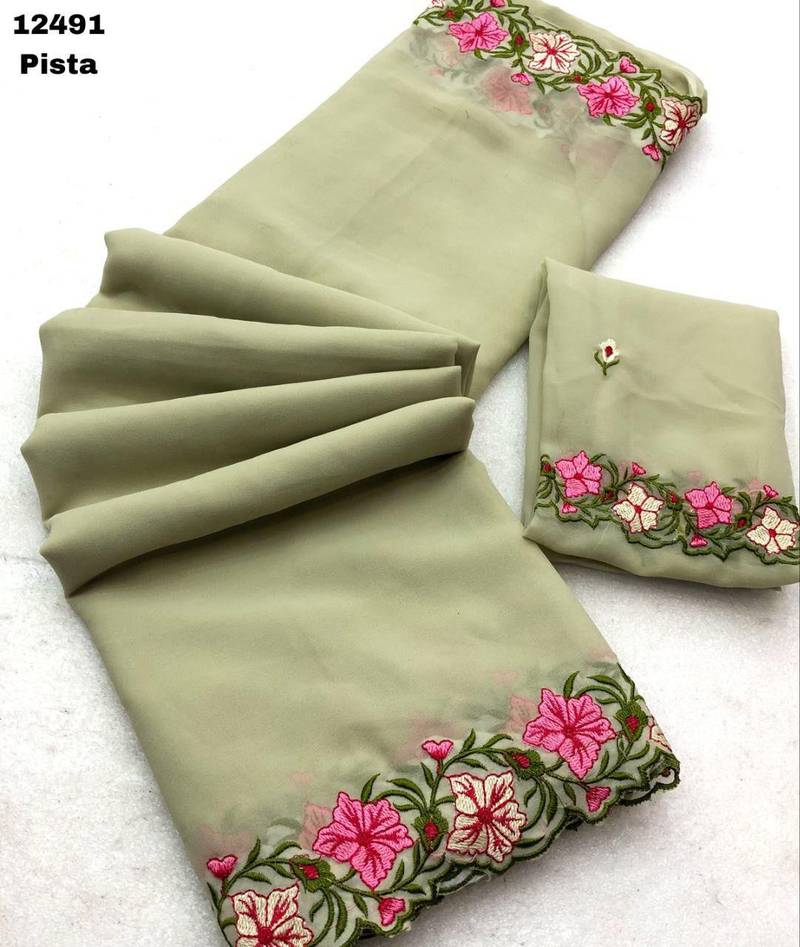 pista green thread work georgette saree with blouse