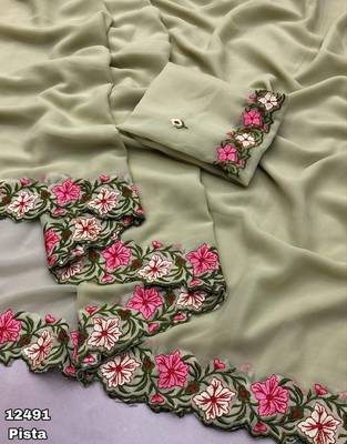 pista green thread work georgette saree with blouse 2