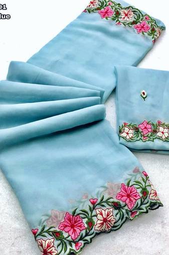 sky blue thread work georgette saree with blouse