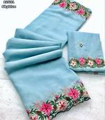sky blue thread work georgette saree with blouse