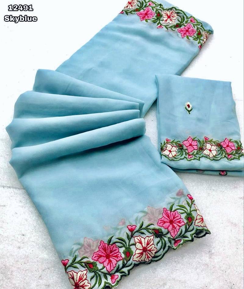 sky blue thread work georgette saree with blouse
