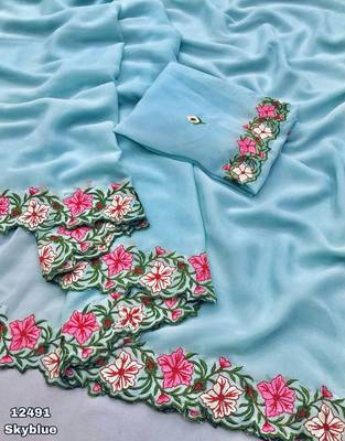 sky blue thread work georgette saree with blouse 2