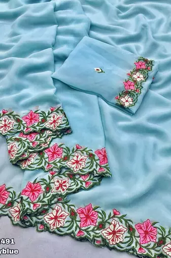 sky blue thread work georgette saree with blouse