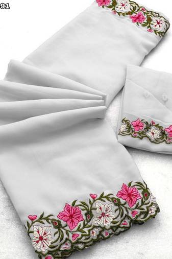white thread work georgette saree with blouse
