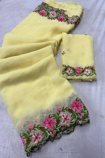 yellow thread work georgette saree with blouse