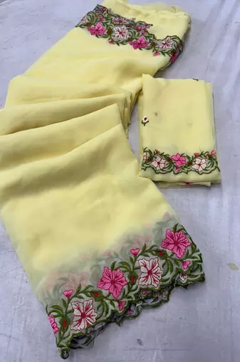 yellow thread work georgette saree with blouse