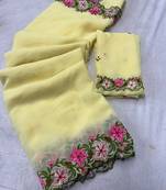 yellow thread work georgette saree with blouse