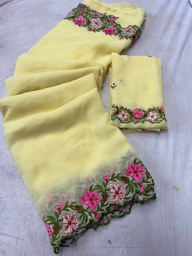 yellow thread work georgette saree with blouse