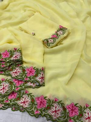 yellow thread work georgette saree with blouse 2