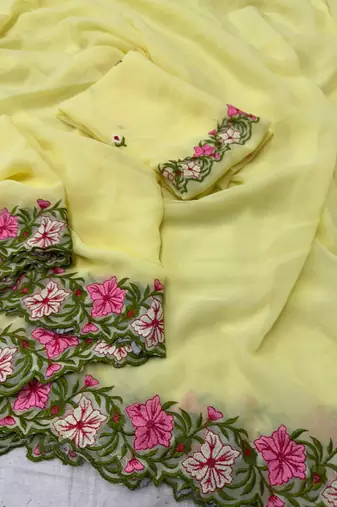 yellow thread work georgette saree with blouse